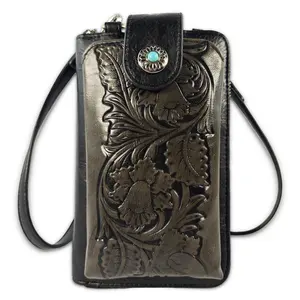 New Designer Western Collection Women Crossbody Bag Engraved Leather phone Bags Tooled Leather Cell Phone Bag Crossbody Purse