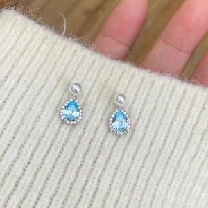 Boucles d'oreilles pour femmes en argent pur S925, tendance, transparentes, bleu glace, goutte d'eau, zircon, perle, exquises, alliage haut de gamme, élégantes - Product Image 1