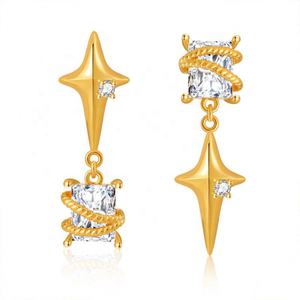 Pendientes Elegantes de Estilo Europeo, Cuadrados, con Circonita, Plata, Forma de Estrella, Aleación de Cobre Chapada en Oro Real de 18K - Product Image 6