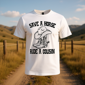 Save A Horse Ride A Cousin T-shirt blanc à col rond unisexe taille adulte - Product Image 3