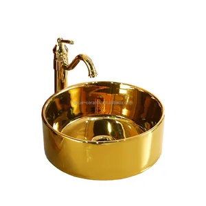 Moderne Marmorplatte Keramik plattiert Gefäß Waschbecken goldene Theke oben runde Waschbecken Gold Farbe