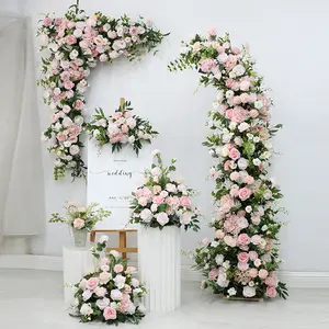 Bunga buatan baris lengkungan pernikahan buatan Dekorasi Floral Pink mawar jalan Guid untuk latar belakang dinding pernikahan tanda selamat datang dekorasi