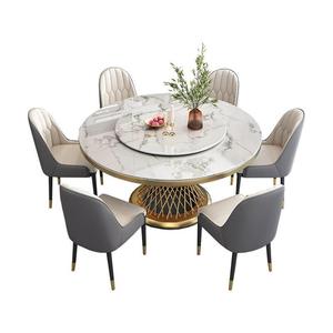 Table à manger ronde de style italien avec plateau en marbre blanc et base en piédestal doré unique pour un mobilier de salle à manger moderne. - Product Image 5