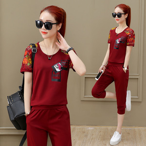 Women's Casual Sportswear Set Short Sleeve Top Capri Pants Two Piece Wine Red Printing Knitted Fabric Adult Size - Product Image 1