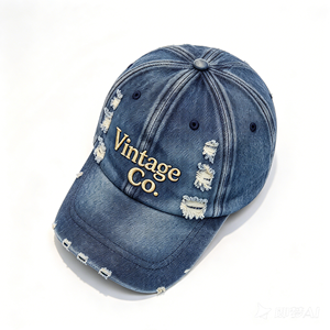 Casquette Dad Hat en jean délavé effet vieilli, 6 panneaux, avec lettres brodées, Vintage Co. Casquette rétro réglable ACE pour femmes et hommes - Product Image 5