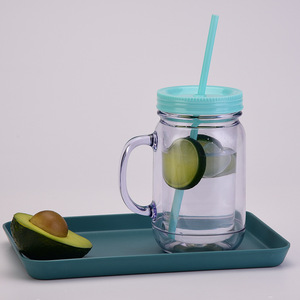 Bouteille de boisson en plastique de 20 oz avec couvercles colorés et poignées, type Mason Jar, avec pailles – Vente en gros DD1865 - Product Image 2
