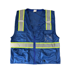 سترة عاكسة للبناء زرقاء معتمدة بشعار مخصص بوليستر هاي فيس فئة 2 سترة أمان من النوع الشبكي متعددة الجيوب والسحاب - Product Image 2