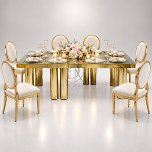 Mesa de Comedor Premium de Acero Inoxidable Dorado con Cubierta de Vidrio Espejo y Patas de Múltiples Columnas para Banquetes de Boda, Venta al por Mayor de Fábrica - Product Image 1