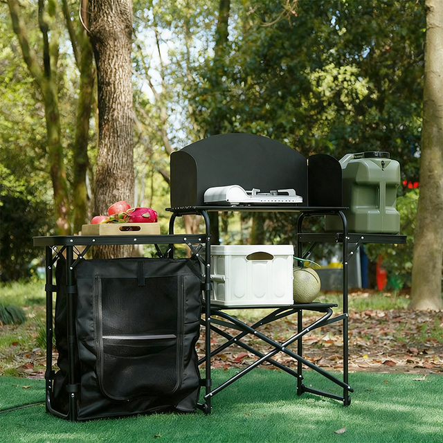 Outdoor Camping Mobile Kitchen Portable Outdoor Foldable Cooking Station Camping Kitchen Table WIth Storage