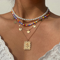 Vòng Cổ Nhiều Màu Phong Cách Bohemian Thời Trang Mới Vòng Cổ Nhiều Lớp Ngọc Trai Hình Học Vòng Cổ Mặt Dây Chuyền Đính Kim Sa Phụ Kiện Nữ