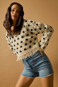 Women's Casual <strong>Cropped</strong> Long Sleeve Crewneck Soft Pullover Sweater Top Solid Color Stone Dusk with <strong>Crochet</strong> Tassel Hem <strong>Jumper</strong> - Product Image 6