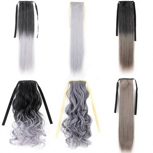 Productos de Belleza, Cola de Caballo Sintética de Alta Temperatura en Color Gris Ceniza Ombre, Lisa/Rizada, Cola de Caballo Postiza para Atar - Product Image 1
