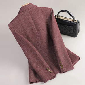 Women's Wool Blazer Brown Solid Color One Button Pocket Design Autumn Winter Coat - Product Image 3