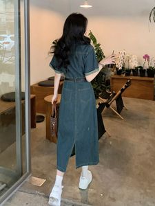 Nuovi Abiti Lunghi in <span class=keywords><strong>Denim</strong></span> da Donna Estivi con Maniche Corte, Colletto, Bottoni e Vita Stretta alla Moda - Product Image 4