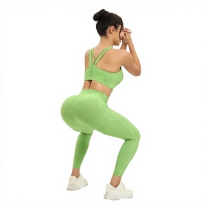 Ensemble de leggings athlétiques côtelés et soutien-gorge de sport personnalisés, couleur claire, bretelles en Y, col rond, respirant, léger, taille haute, pour le yoga - Product Image 4