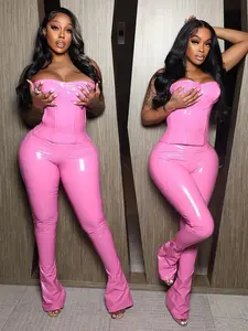 Sexy Night Club PU Leather Women Outfits Solid Corset With Flare Pants Outfits Streetwear Outfits