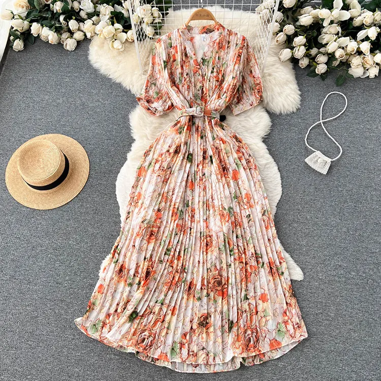 5 colors 2023 fashion short sleeve floral printed pleated summer flowing ladies casual dresses