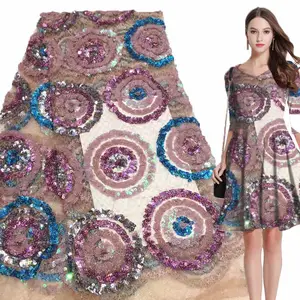 LS484 Fashion Circle Embroidery Sequins Dubai Lace Tulle Fabric Polyester Mesh Fabric Sustainable Embroidered 3d Mesh