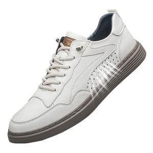 Zapatillas bajas informales de hombre para otoño-verano, con puntera, de dos capas de cuero vacuno, transpirables, de color liso, perforadas, blancas. - Product Image 5