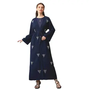 Handgenaaide Parel Marineblauwe Moslim Dames Arabisch Gewaad Vest Open Kimono Satijn Open Abaya Marrocan Kaftan Luxe Kaftan Jurken