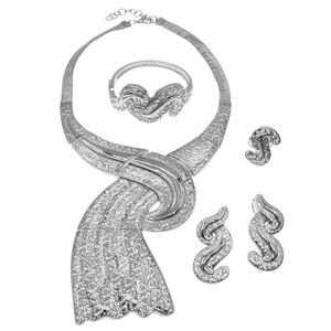 Conjunto de joyería de plata de inspiración africana Yulaili, collar de diseño grabado con ondas llamativas y pendientes, anillo de pulsera para mujer, fiesta, boda - Product Image 2