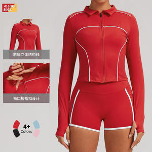 Conjunto de Yoga para Mujer con Bloques de Color, Chaqueta de Manga Larga con Cremallera, Pantalones Cortos, Alta Elasticidad, Transpirable, Ropa Deportiva para Exteriores - Product Image 3