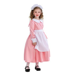 Costume da Cameriera Vintage per Bambine, Set in Poliestere Rosa con Maniche Lunghe, Grembiule Bianco e Copricapo, Outfit per Giochi di Ruolo e Giornate a Tema - Product Image 3
