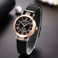 Montre-bracelet pour femme avec bracelet en maille, chiffres romains, index en cristal, cadran soleil et barrettes en T, style habillé