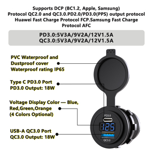 Enchufe de Carga USB Impermeable de 12V, Tipo C PD, Carga Rápida QC 3.0, Enchufe de Corriente para Auto de 12V/24V con Voltímetro Digital - Product Image 3