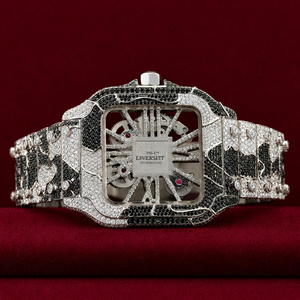 Luxury <b>Skeleton</b> <b>Automatic</b> Iced Stainless Steel <b>Watch</b> Men | Black White Diamond Square Mechanical Wristwatch Full Pave 20mm Glass - Product Image 1