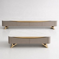 Table basse moderne haut de gamme avec plateau en marbre miroir et structure en bois, design durable, meubles de salon écologiques