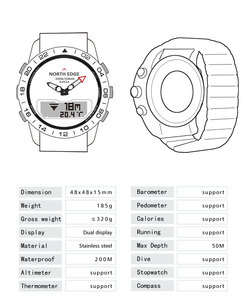 Montre numérique de sport multifonctionnelle North Edge 0utdoors en acier inoxydable 304, étanche à 50 m de <span class=keywords><strong>profondeur</strong></span>, montre pour homme - Product Image 6