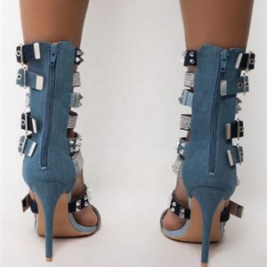Rhinestone Studs Blue High Heels Shoes Summer Square Toe Fashion Buckle Denim Customized <b>Sandals</b> for Women Back Zipper Size 43 - Product Image 5