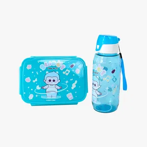 pp plastic cute kids compartment food warmer lunch box with spoon and fork water bottle set for children school