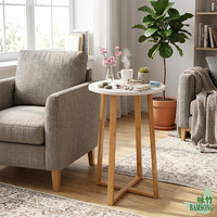 Table basse ronde en bambou naturel avec base croisée et plateau blanc, style minimaliste, table d'appoint pour salon et chambre