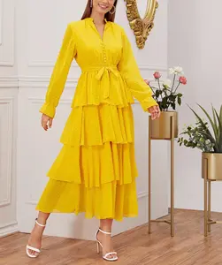 2020优雅的黄色瑞士圆点分层荷叶边装饰腰带连衣裙