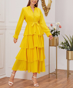 Robe élégante jaune à pois superposée avec volants et ceinture pour <span class=keywords><strong>femme</strong></span>, coupe midi décontractée, taille haute, fluide, légère, style vintage pour l'été - Product Image 2