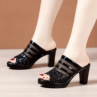 Nouveaux styles 2026 – Mules en cuir verni noir à paillettes, bout ouvert, sexy et élégantes, talon carré de 8 cm pour femme
