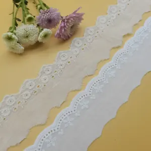 Wholesale High Quality 100% Cotton Eyelet Flower Lace Fabric Trim with Embroidery Insertion White Lace Trim