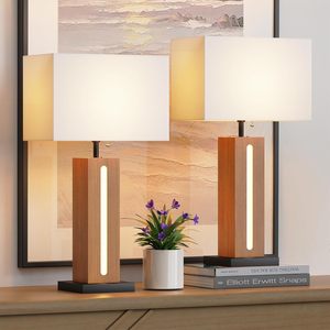 Modern Dimmable Table Lamps Set Of 2 Square Wood Grain Base With LED <b>Nightlight</b> For Bedside Use - Product Image 1