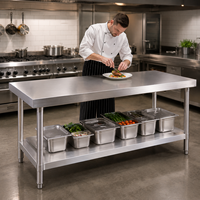 Plan de travail de cuisine professionnel de haute qualité, anti-rouille, 2 niveaux, en acier inoxydable 304 201, robuste et industriel.
