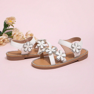 Nuevas Sandalias de Princesa para Niñas - Sandalias Planas de Playa con Pedrería de Cristal y Flores, Suela Suave - Product Image 1