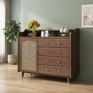 Armoire de rangement en bois de style mid-century modern avec 4 tiroirs et porte en rotin, meuble de salon - Product Image 2