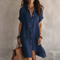 Robe décontractée pour femme à manches courtes boutonnée en lin et coton respirant, avec logo personnalisé, fabrication OEM/ODM, faible MOQ, idéale pour l'été