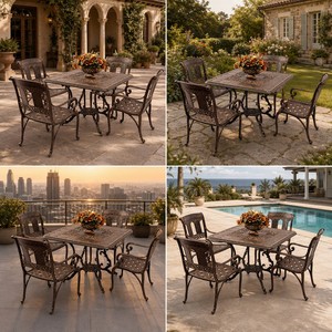 Ensemble <span class=keywords><strong>de</strong></span> salle à manger d'extérieur en <span class=keywords><strong>aluminium</strong></span> moulé bronze antique avec table à arche gothique et quatre fauteuils ornés pour <span class=keywords><strong>jardin</strong></span> et villa - Product Image 2