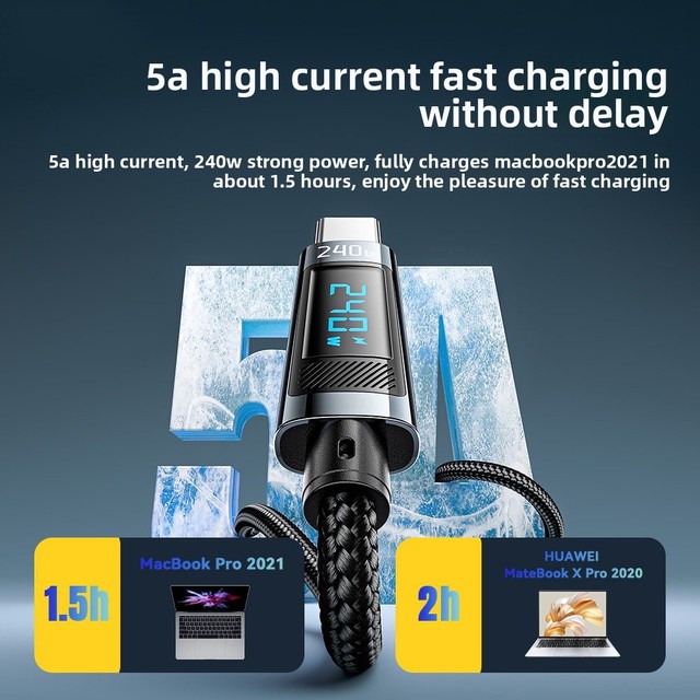 PD240W Digital Display Type-C Data Cable with E-Marker Chip Type C for Tablets Supporting Fast Charging Data Transfer Cables