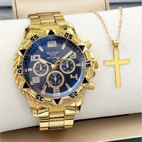 Montre Homme Décontractée en Acier à Succès, Mode en Alliage, Cadran Quartz 44 mm, Nouveau Set Collier Quartz à Trois Yeux