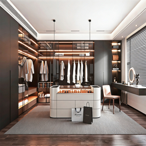 Solution complète pour toute la <span class=keywords><strong>maison</strong></span> : armoires en bois avec portes en verre, style luxueux, dressing avec éclairage LED, chambre à coucher moderne modulaire, dressing intégré - Product Image 3
