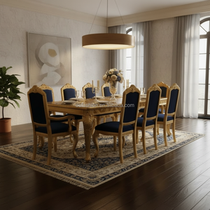 Ensemble de table à manger de luxe OE-FASHION de style baroque français, feuille d'or, bois massif, 8 places, chaises en velours bleu <span class=keywords><strong>royal</strong></span> pour villa, palais - Product Image 2