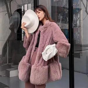 2022 Vrouwen Winter Nieuwe Collectie Roze Kleur Echte Nerts Bont Jas Met Volledige Fox Fur Trim En Mouwen Manchetten Dames minkbontjas